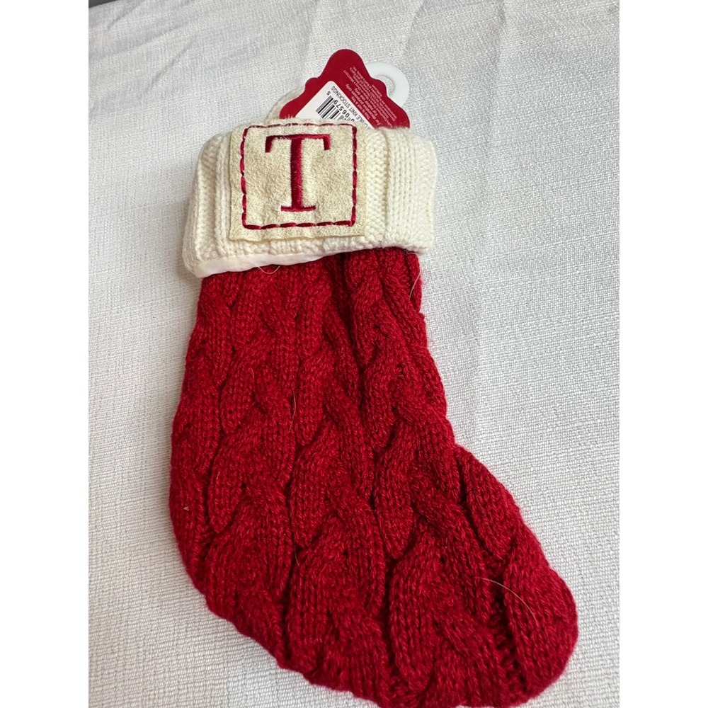 St. Nicholas Square Red Cable Knit Monogram Initial T Christmas Stocking NWT